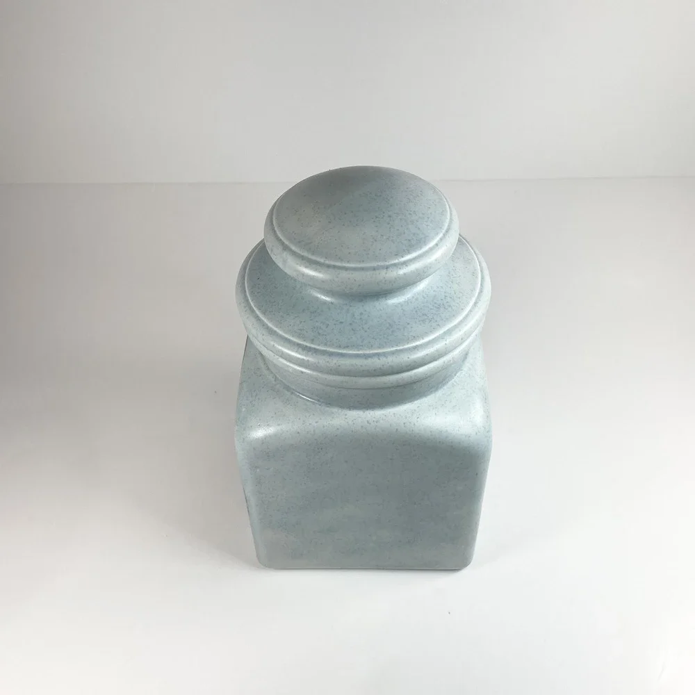 Vintage Ceramic Pale Blue Spackle Lidded Cookie Jar  Winter Small Town Picture